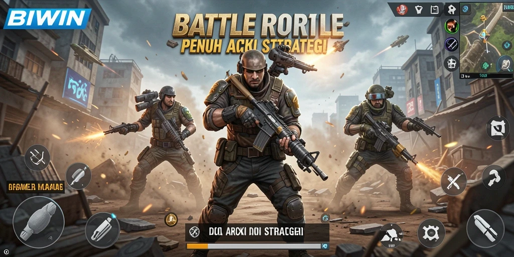 Tangkapan layar utama BIWIN menampilkan aksi intens dalam game Battle Royale.