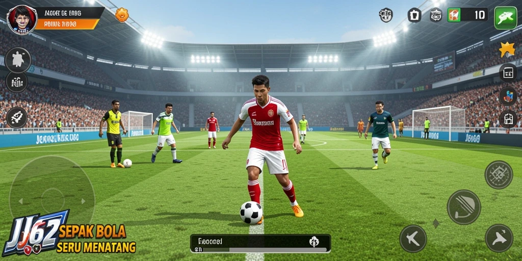 Screenshot utama JJ62 menampilkan momen aksi sepak bola yang mendebarkan.