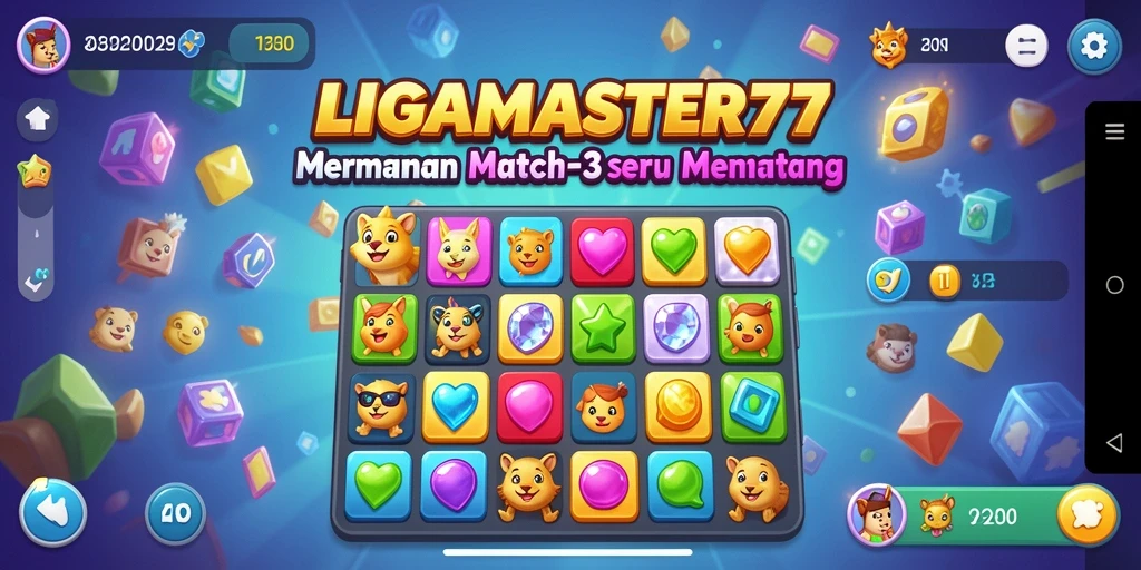 Screenshot gameplay LIGAMASTER77 menampilkan level Match-3 yang menantang.