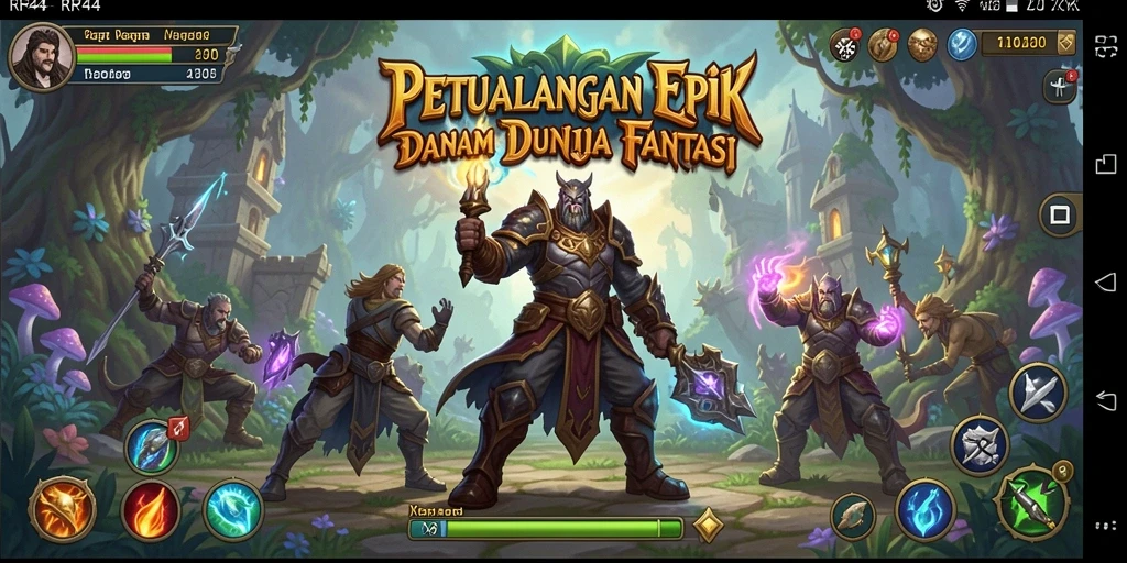 Screenshot gameplay RPG menampilkan pertarungan epik dan eksplorasi dunia.