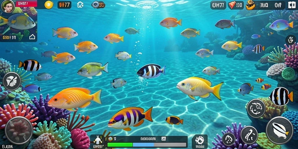 Tampilan menarik dari gameplay UH77 dengan beragam ikan.
