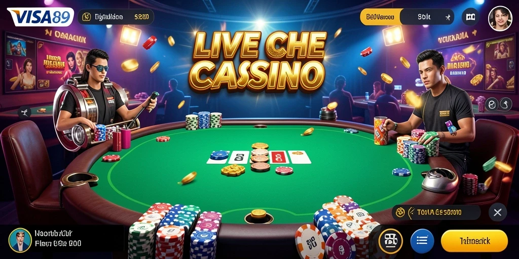 Screenshot utama menampilkan dealer langsung dalam permainan Live Casino.